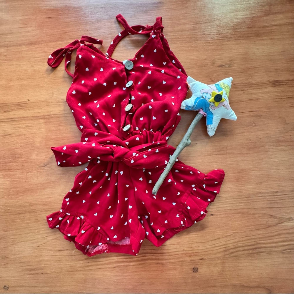 Red Heart Print Romper
